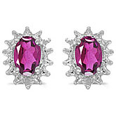 14k White Gold Oval Pink Topaz And Diamond Earrings