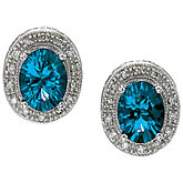 14K White Gold 8x6 Oval Blue Topaz and Diamond Earrings