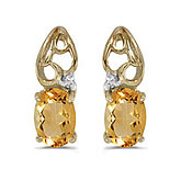 14k Yellow Gold Oval Citrine And Diamond Earrings