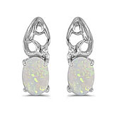 14k White Gold Oval Opal And Diamond Earrings