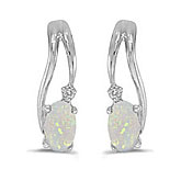 14k White Gold Oval Opal And Diamond Wave Earrings