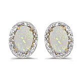 14k Yellow Gold Oval Opal And Diamond Earrings