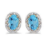 14k Yellow Gold Oval Blue Topaz And Diamond Earrings