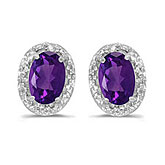 14k White Gold Oval Amethyst And Diamond Earrings