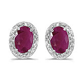14k White Gold Oval Ruby And Diamond Earrings
