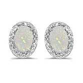 14k White Gold Oval Opal And Diamond Earrings