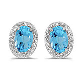 14k White Gold Oval Blue Topaz And Diamond Earrings