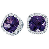 14K White Gold 7mm Cushion Amethyst and Diamond Earrings