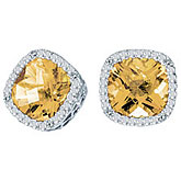 14K White Gold 7mm Cushion Citrine and Diamond Earrings