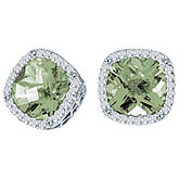 14K White Gold 7mm Cushion Green Amethyst and Diamond Earrings