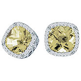 14K White Gold 7mm Cushion Lemon Quartz and Diamond Earrings