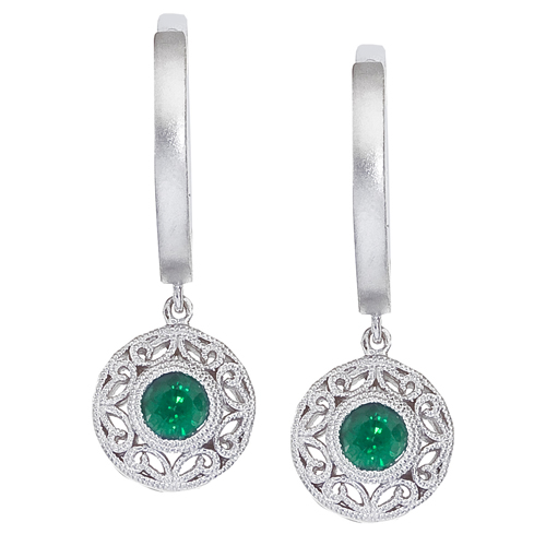 14k White Gold Emerald Filigree Huggy Earrings