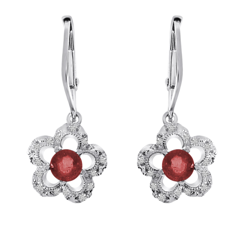 14k White Gold Ruby and Diamond Flower Leverback Earrings
