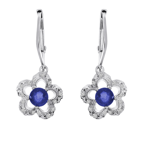 14k White Gold Sapphire and Diamond Flower Leverback Earrings