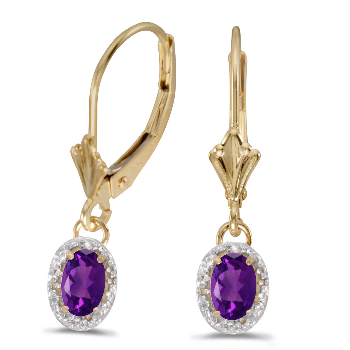 14k Yellow Gold Oval Amethyst And Diamond Leverback Earrings
