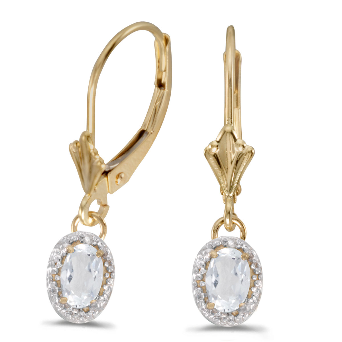 14k Yellow Gold Oval White Topaz And Diamond Leverback Earrings