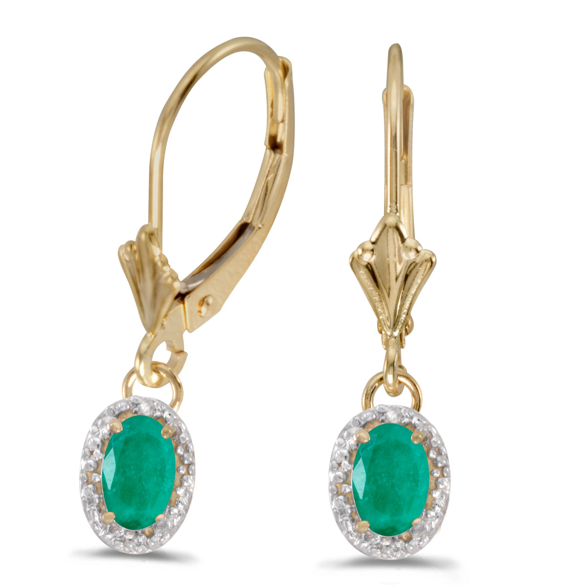 14k Yellow Gold Oval Emerald And Diamond Leverback Earrings