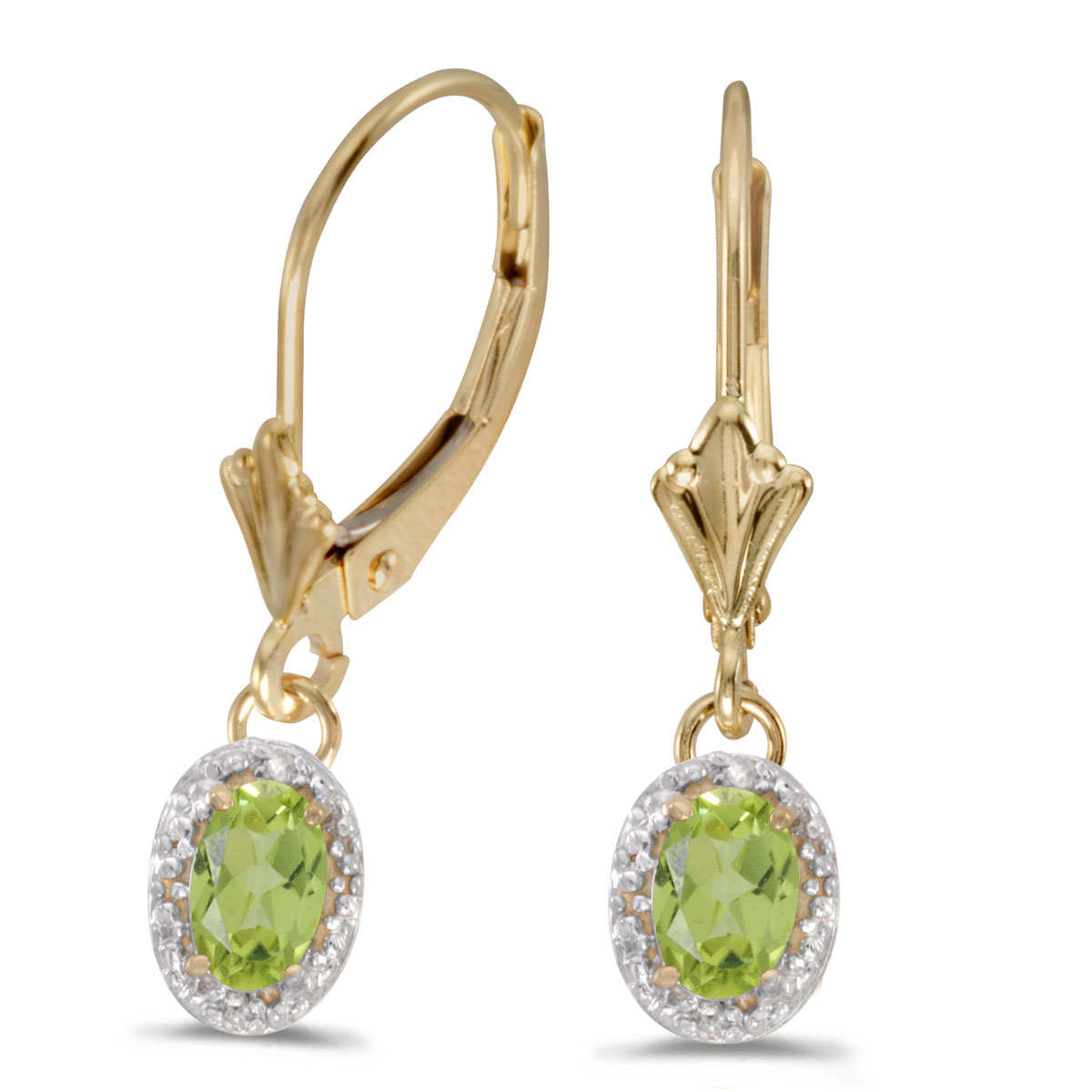 14k Yellow Gold Oval Peridot And Diamond Leverback Earrings