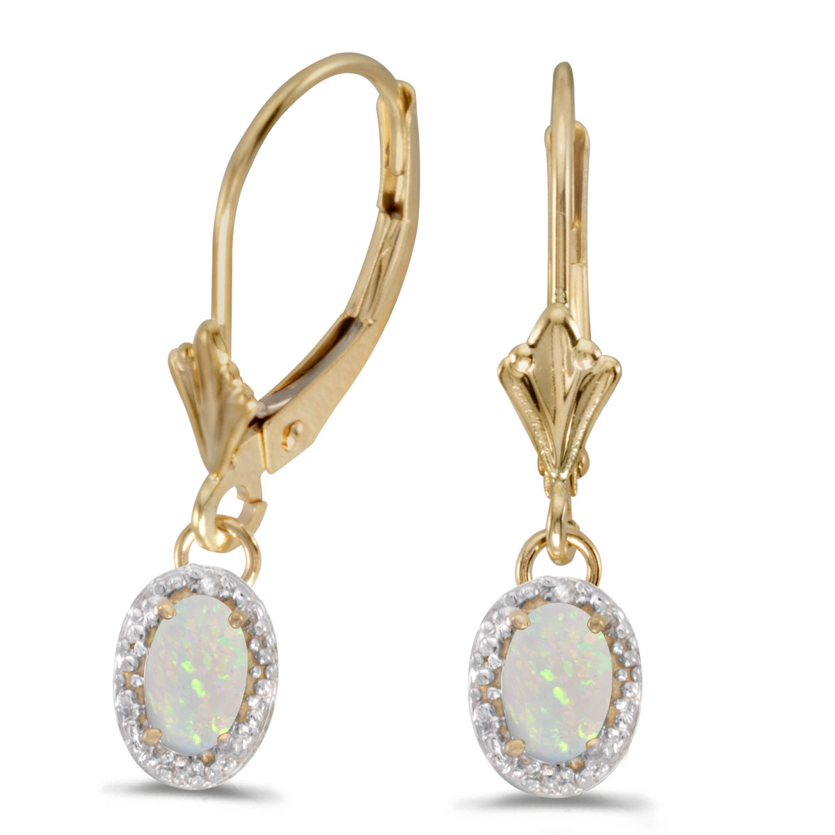 14k White Gold Oval Opal And Diamond Leverback Earrings