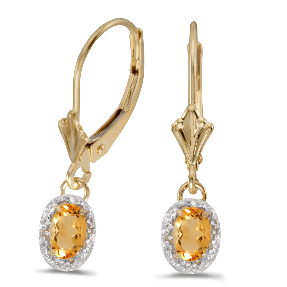 14k Yellow Gold Oval Citrine And Diamond Leverback Earrings