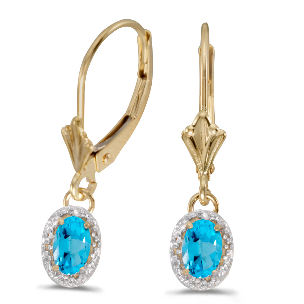14k Yellow Gold Oval Blue Topaz And Diamond Leverback Earrings