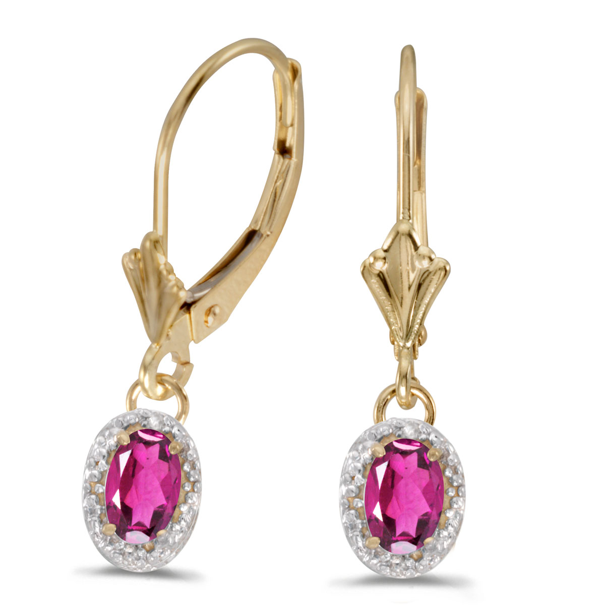 14k Yellow Gold Oval Pink Topaz And Diamond Leverback Earrings