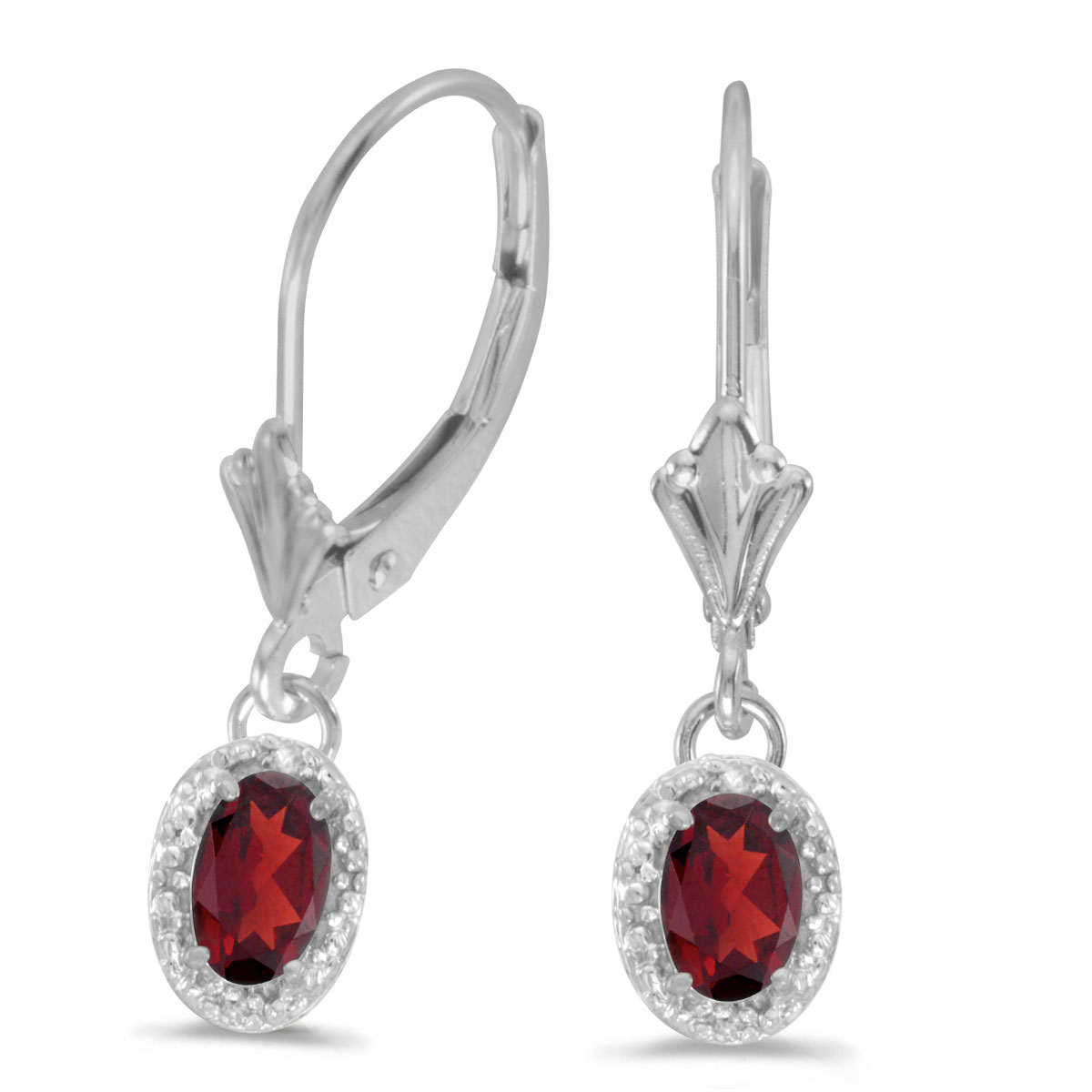 14k White Gold Oval Garnet And Diamond Leverback Earrings