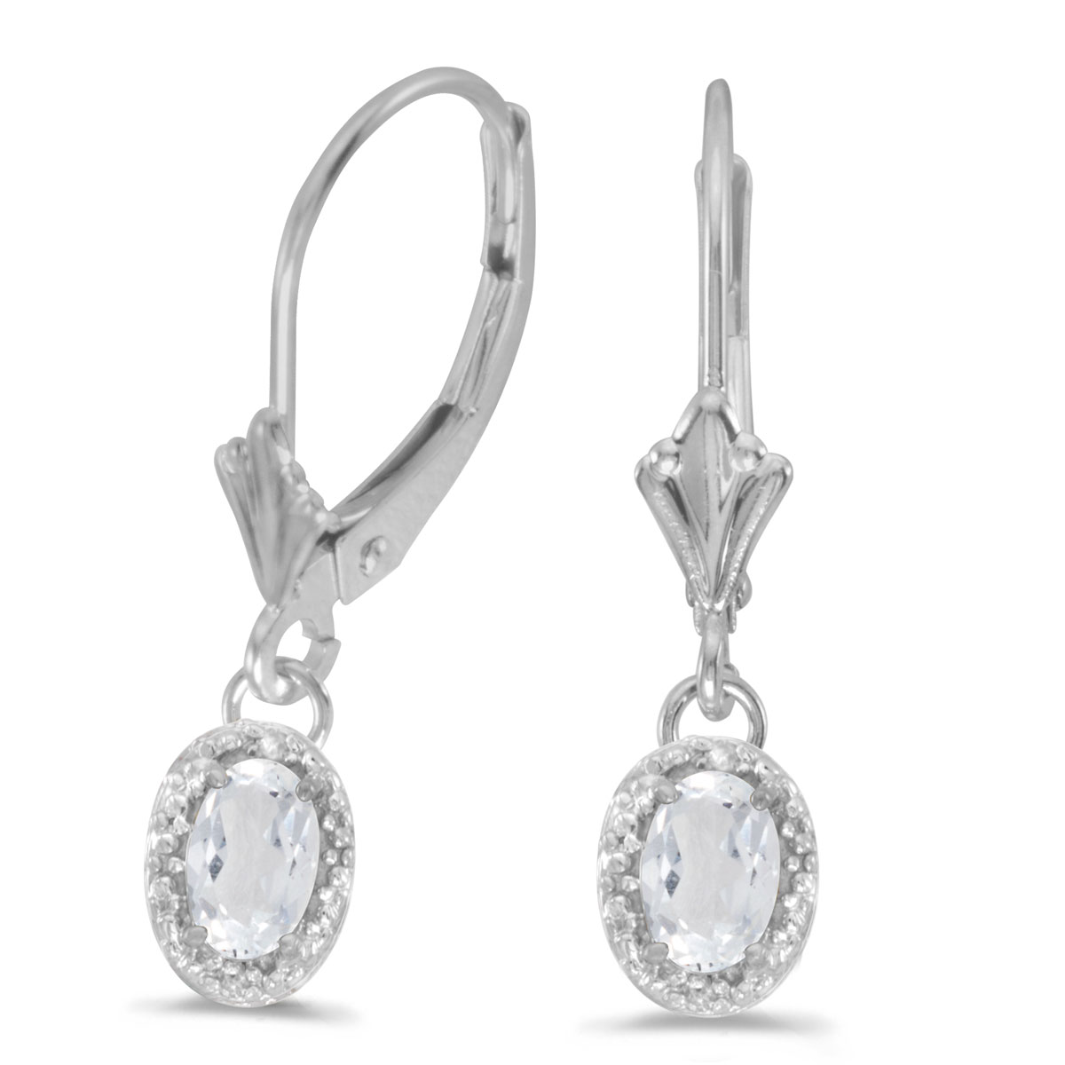 14k White Gold Oval White Topaz And Diamond Leverback Earrings