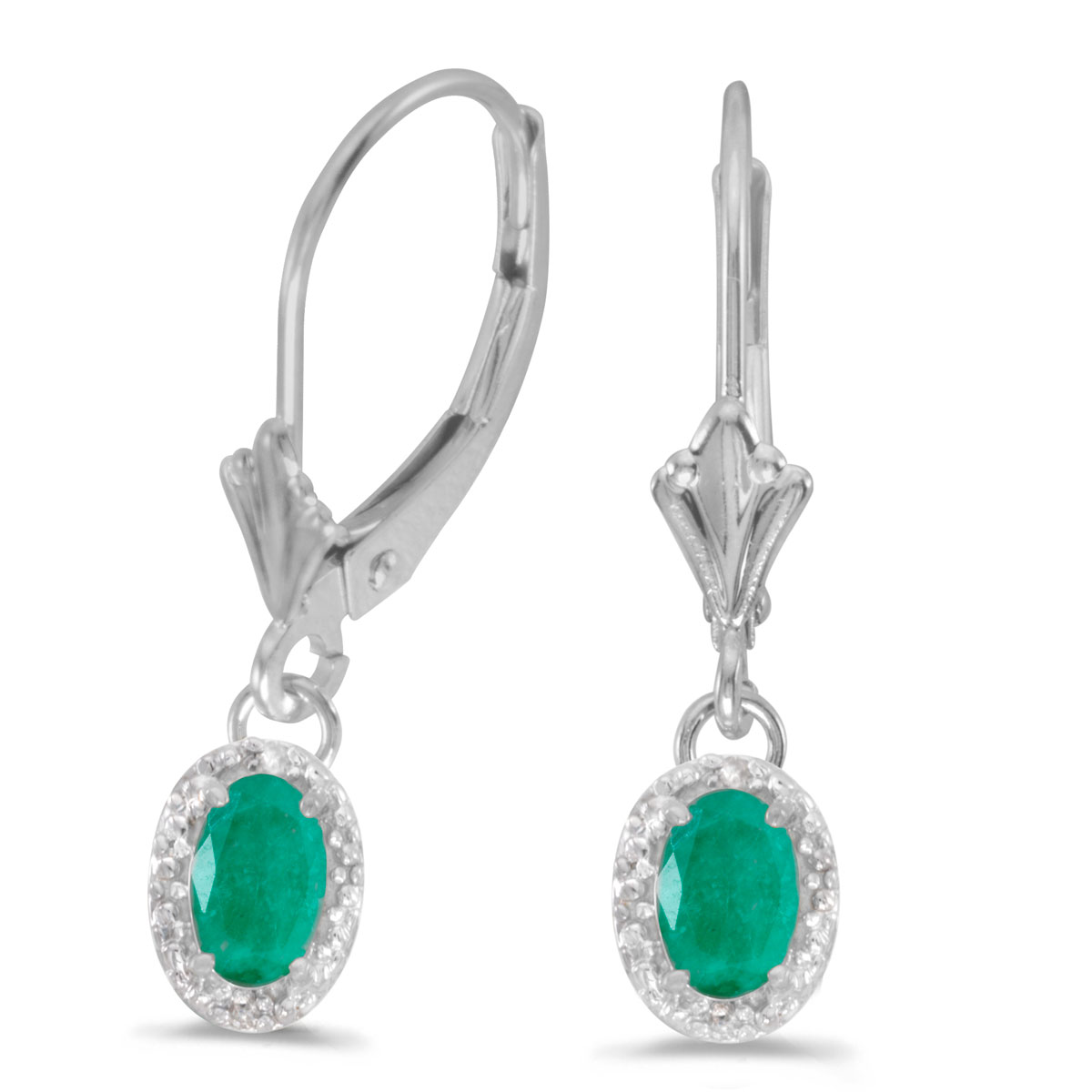 14k White Gold Oval Emerald And Diamond Leverback Earrings