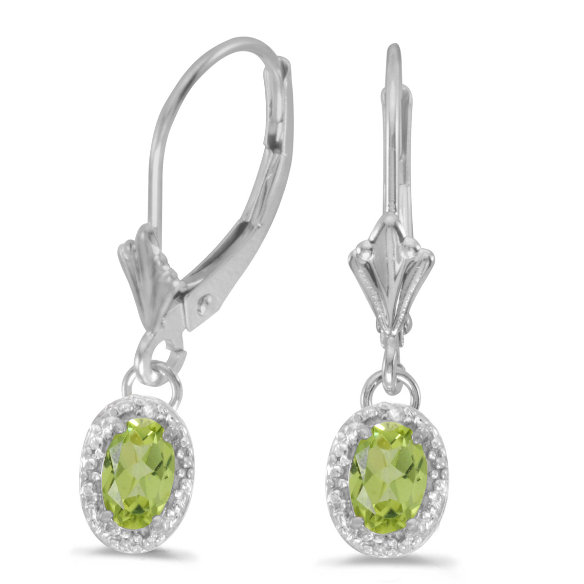 14k White Gold Oval Peridot And Diamond Leverback Earrings