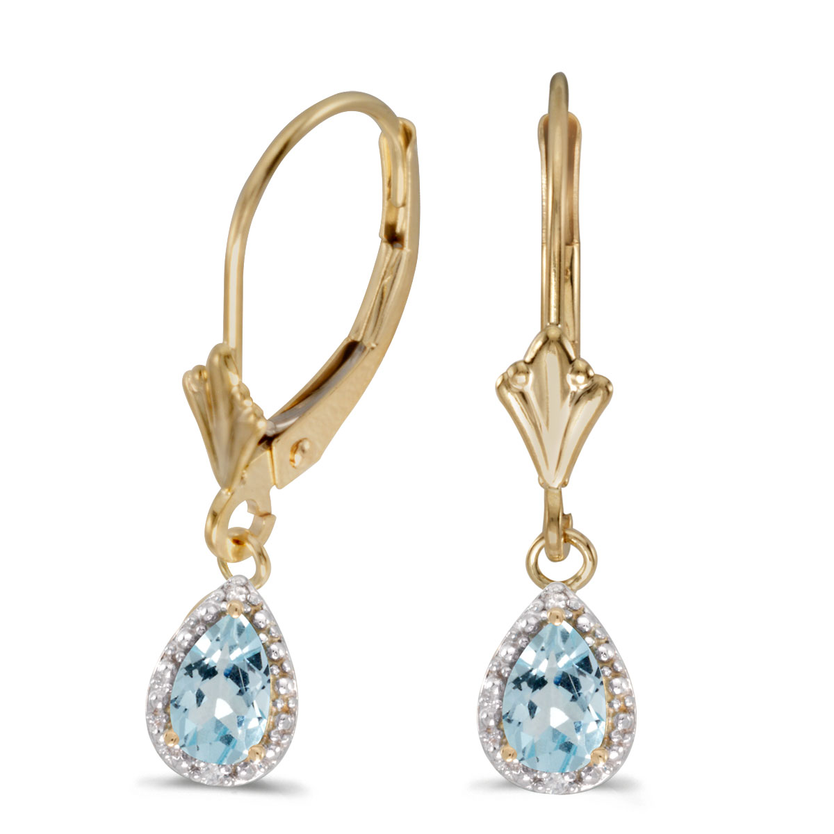 14k Yellow Gold Pear Aquamarine And Diamond Leverback Earrings