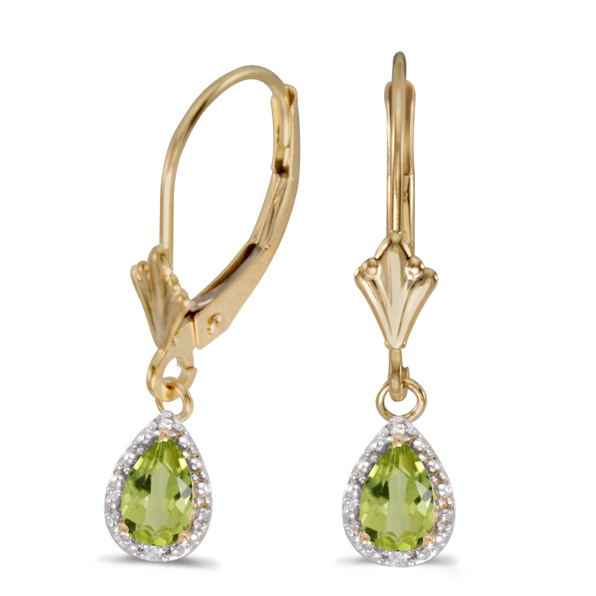 14k Yellow Gold Pear Peridot And Diamond Leverback Earrings