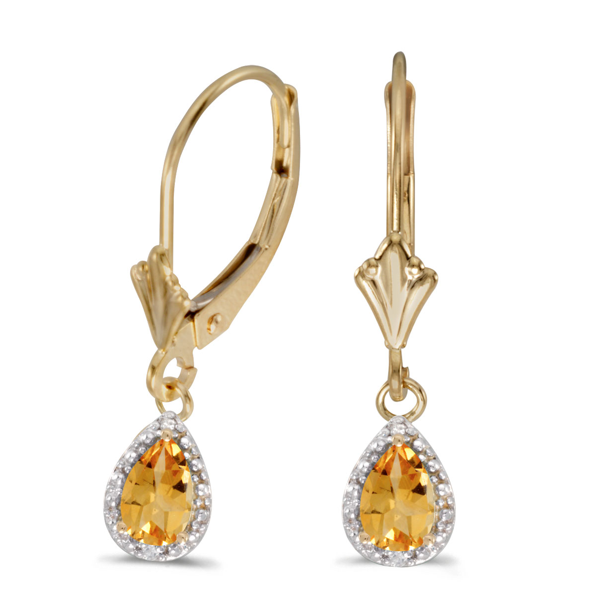 14k Yellow Gold Pear Citrine And Diamond Leverback Earrings