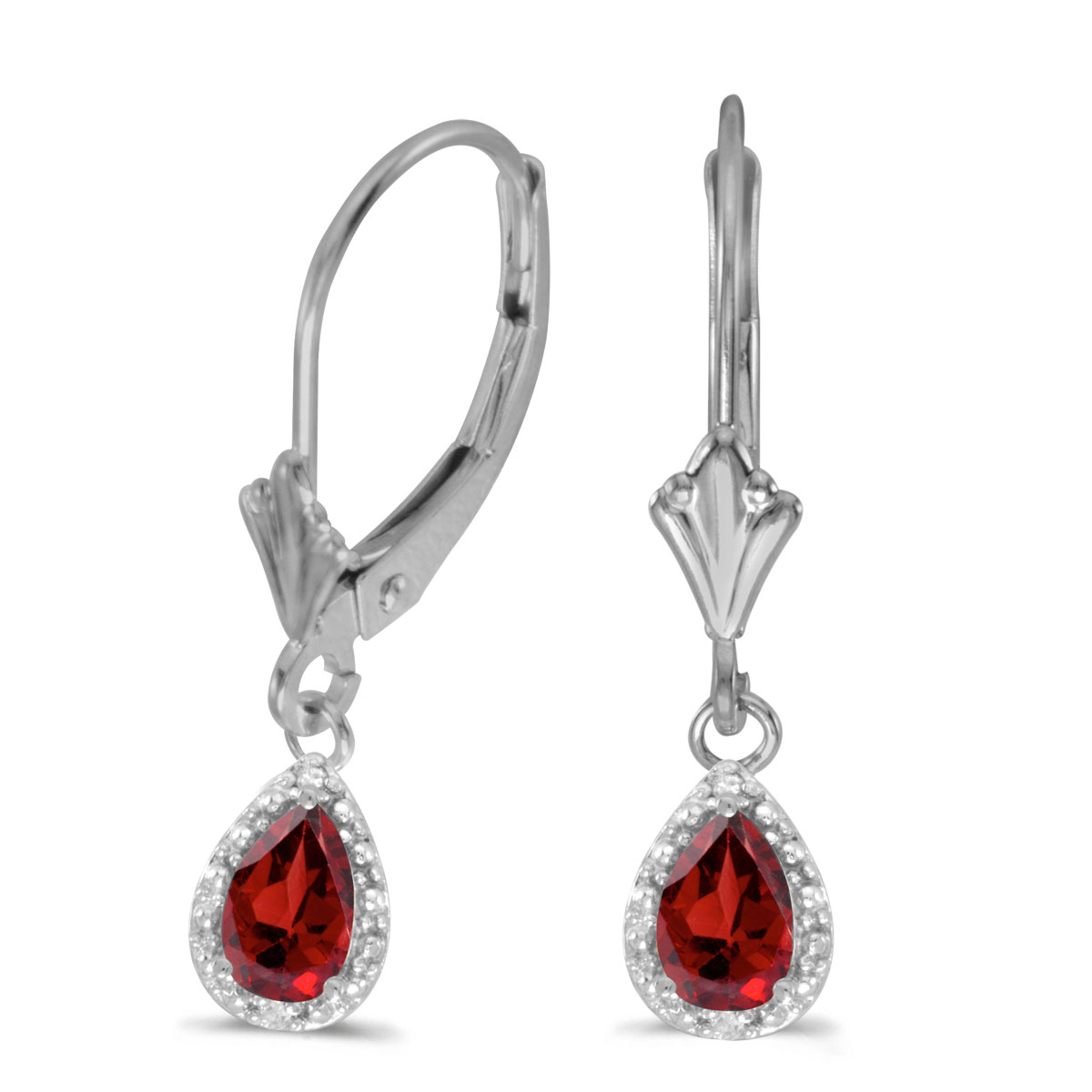 14k White Gold Pear Garnet And Diamond Leverback Earrings