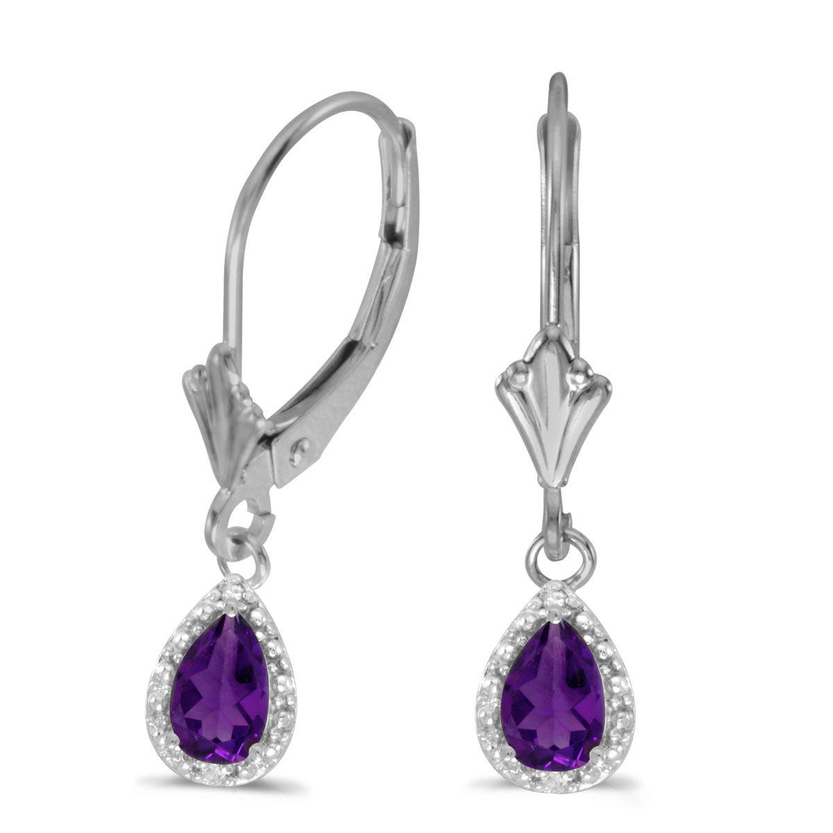 14k White Gold Pear Amethyst And Diamond Leverback Earrings