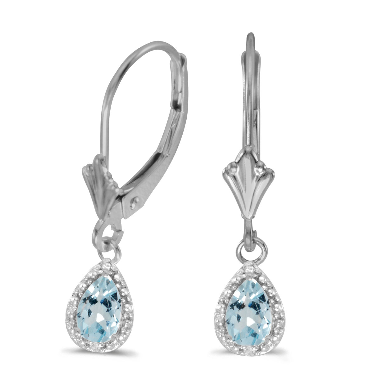 14k White Gold Pear Aquamarine And Diamond Leverback Earrings