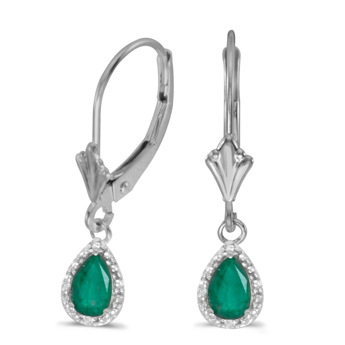 14kWhite Gold Pear Emerald And Diamond Leverback Earrings
