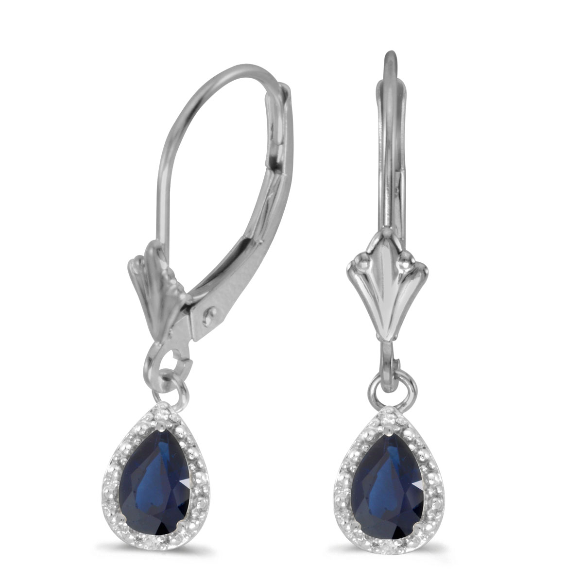 14k White Gold Pear Sapphire And Diamond Leverback Earrings