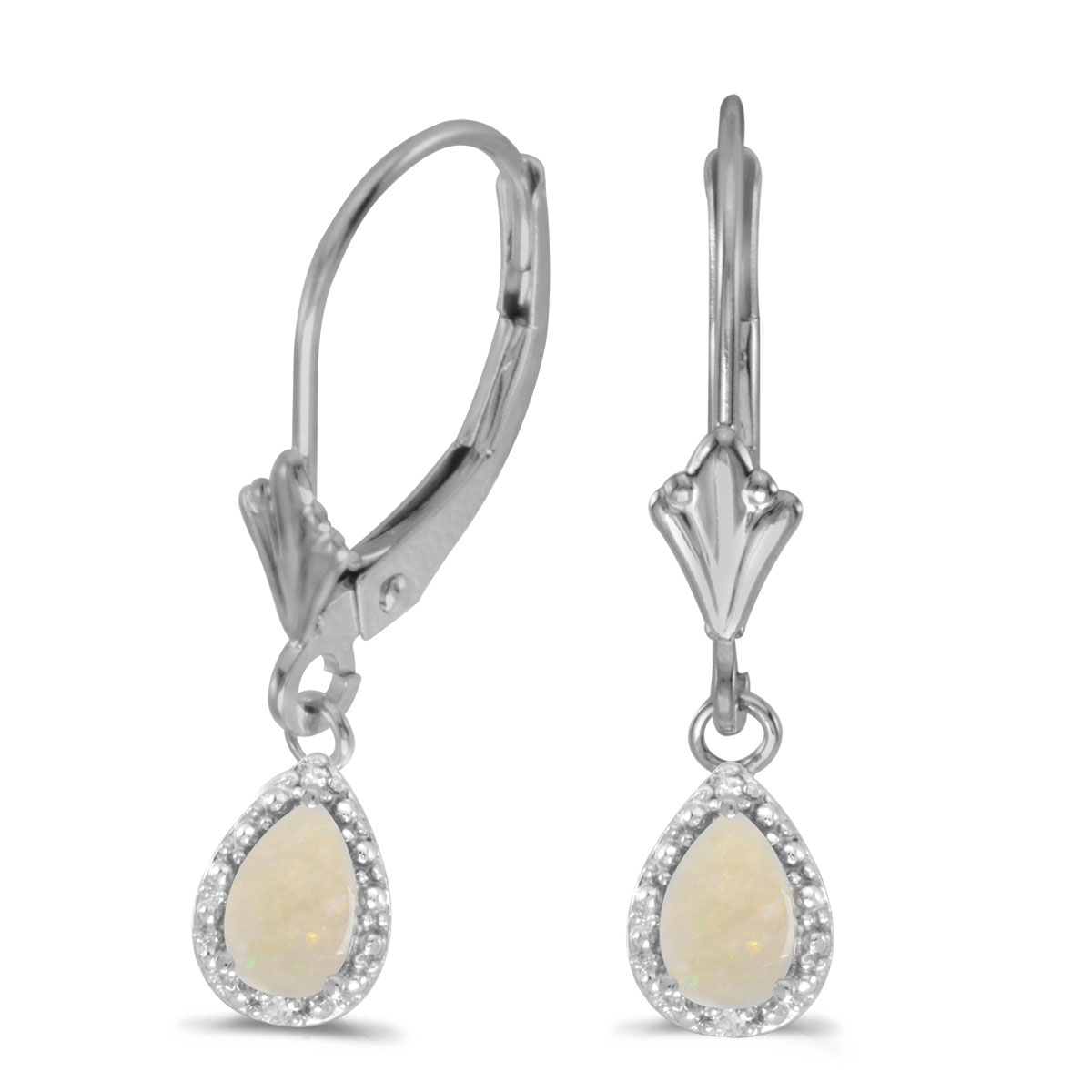 14k White Gold Pear Opal And Diamond Leverback Earrings