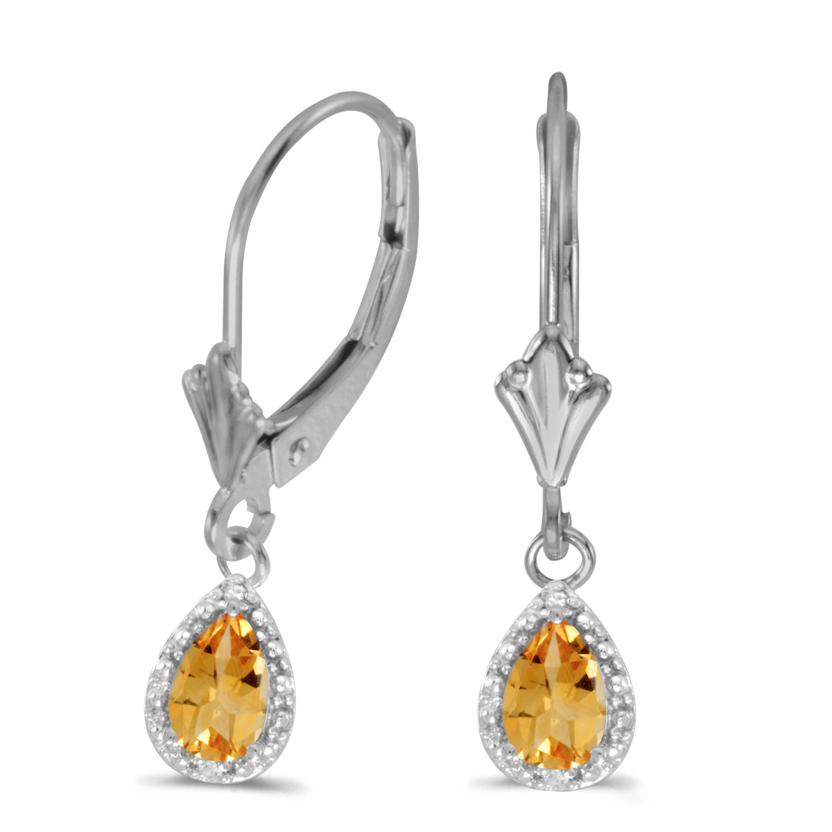 14k White Gold Pear Citrine And Diamond Leverback Earrings
