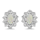 10k White Gold Oval Opal And Diamond Earrings