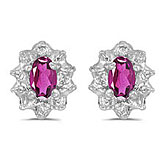10k White Gold Oval Pink Topaz And Diamond Earrings