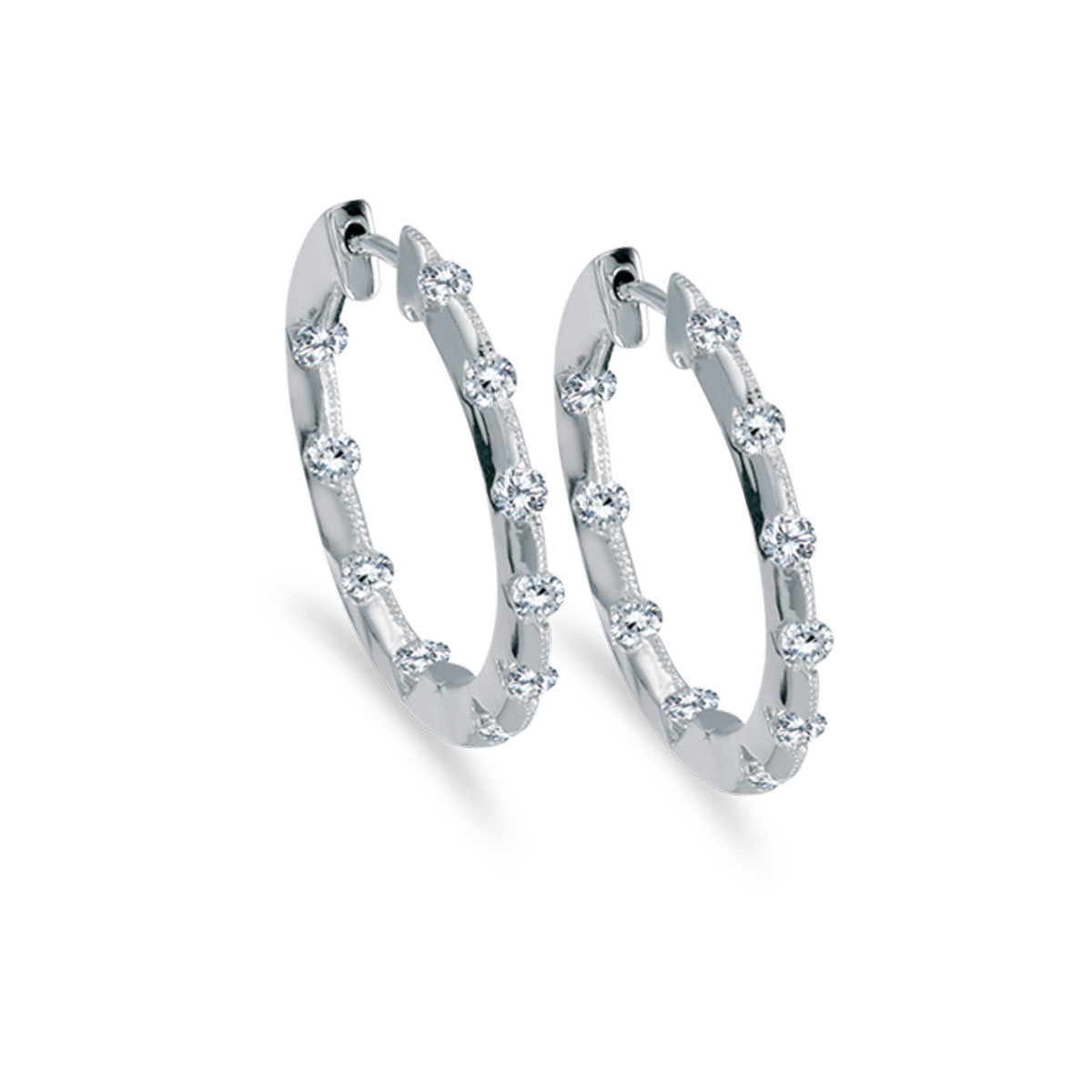 14k White Gold .50 Ct Diamond Inside Outside Hoop Earrings