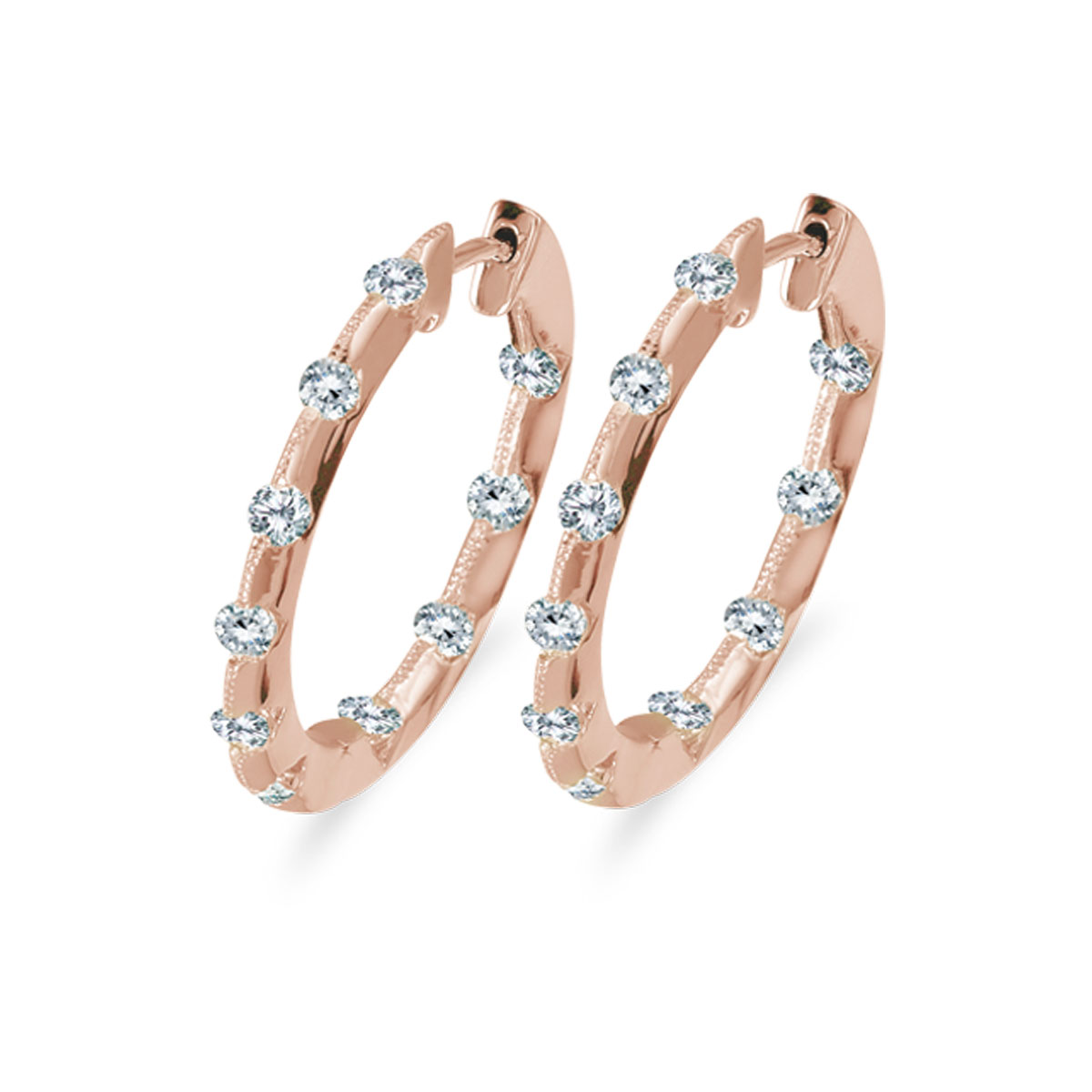 14k Rose Gold 1.00 Ct Diamond Inside Outside Hoop Earrings