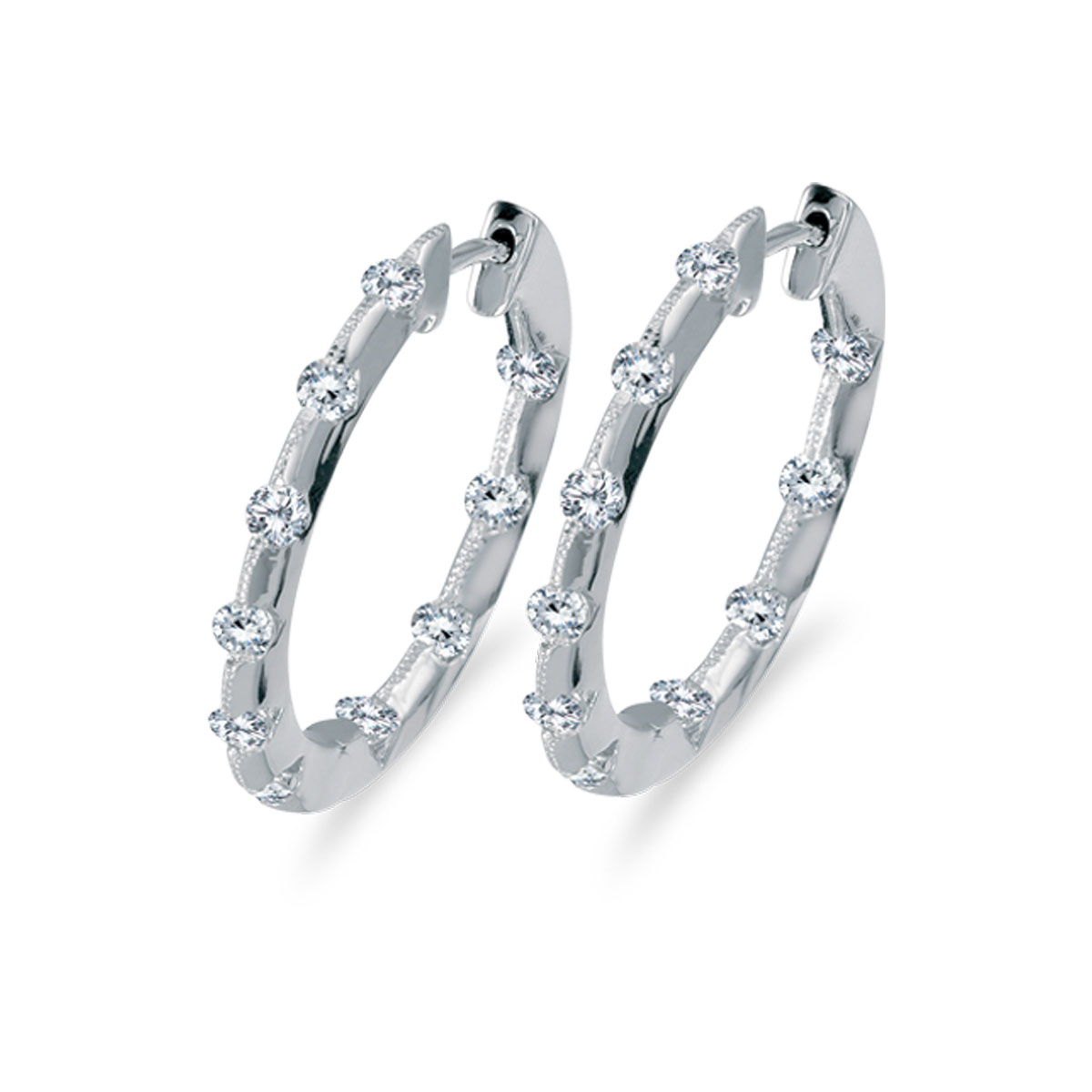 14k White Gold 1.00 Ct Diamond Inside Outside Hoop Earrings