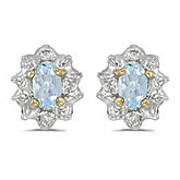 14k Yellow Gold Oval Aquamarine And Diamond Earrings