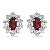 14k White Gold Oval Garnet And Diamond Earrings