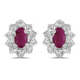 14k White Gold Oval Ruby And Diamond Earrings