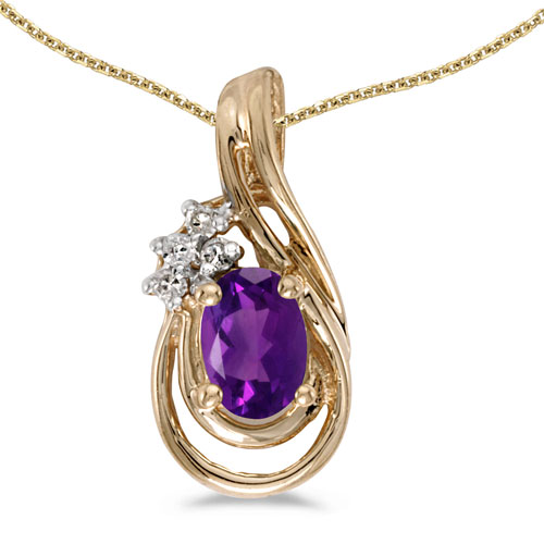 14k Yellow Gold Oval Amethyst And Diamond Teardrop Pendant