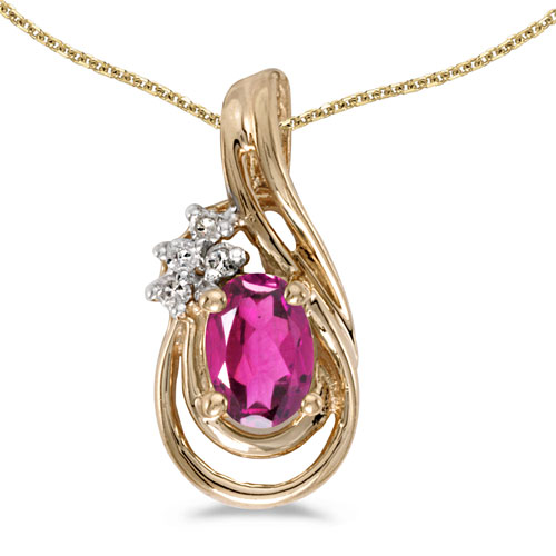 14k Yellow Gold Oval Pink Topaz And Diamond Teardrop Pendant